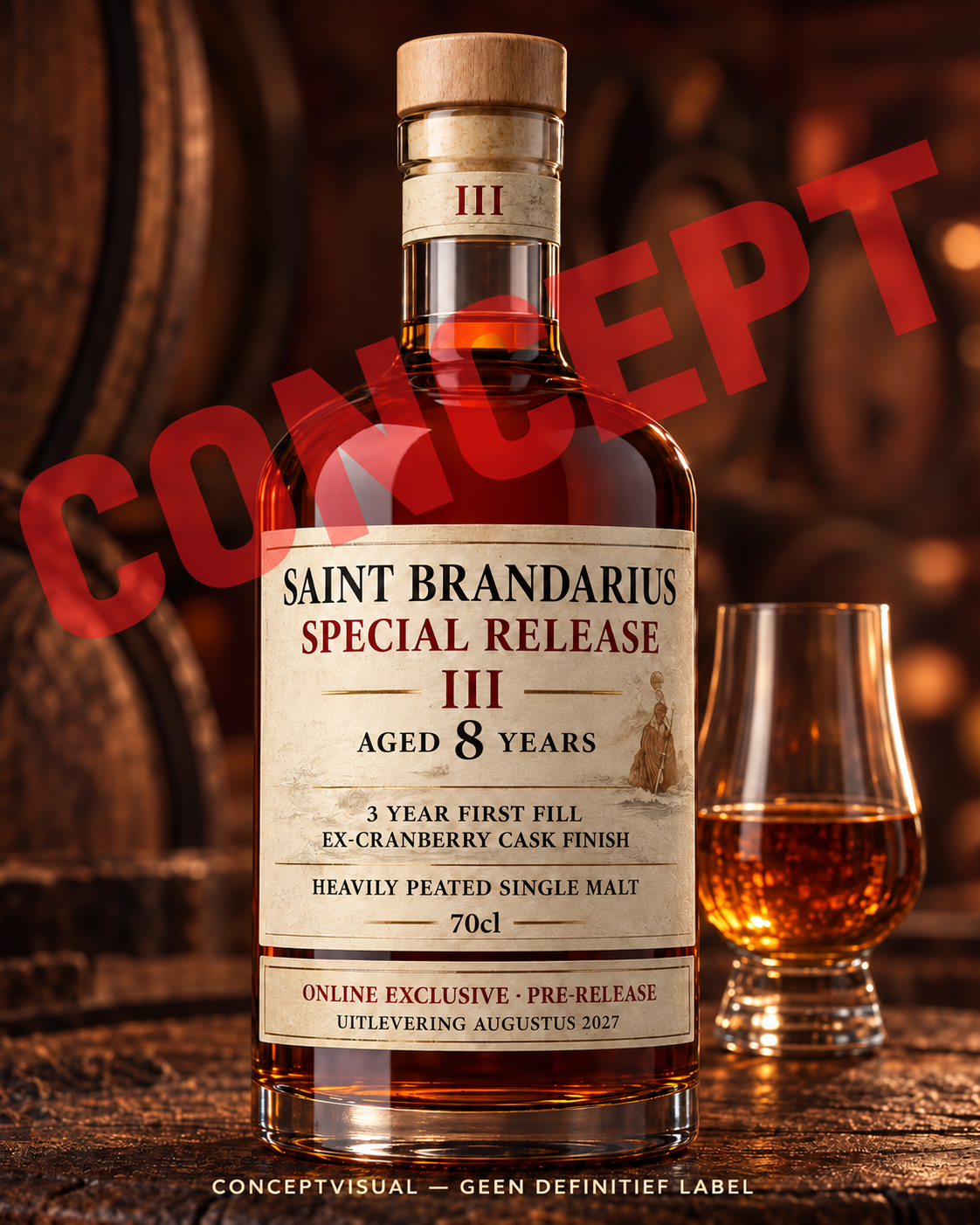 Saint Brandarius Special Release III, fles en whiskyglas in het warehouse
